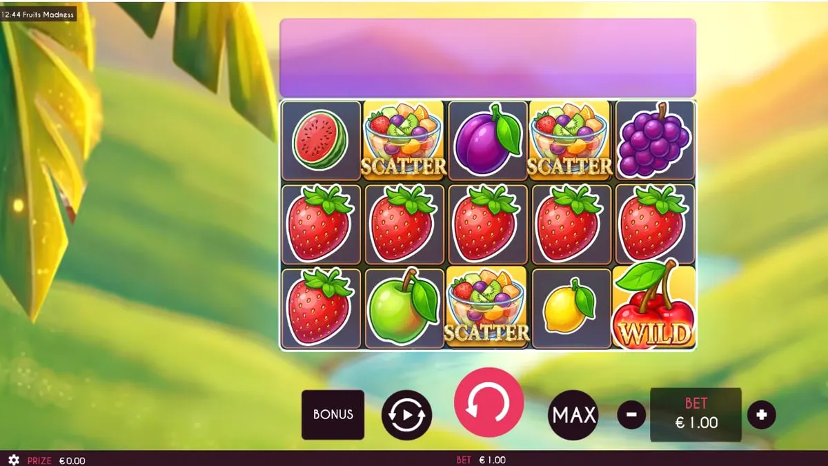 Tampilan visual slot Fruits Madness dengan simbol buah yang cerah dan fitur Wild Tower.