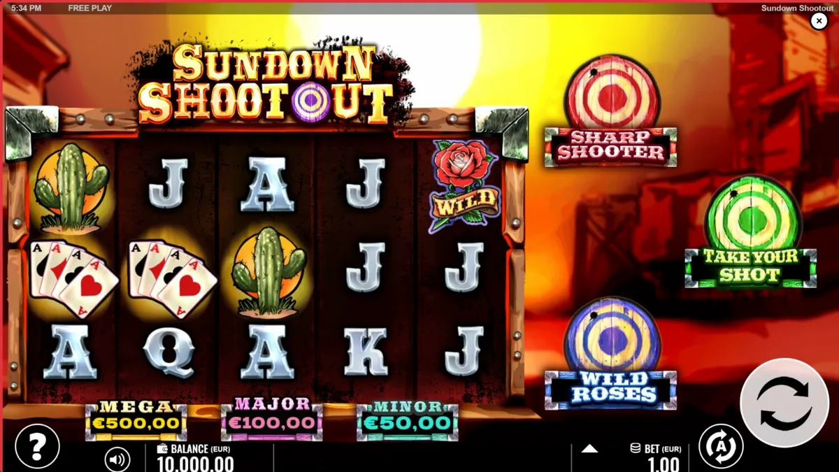Tampilan visual slot Sundown Shootout dengan tema Wild West dan simbol revolver